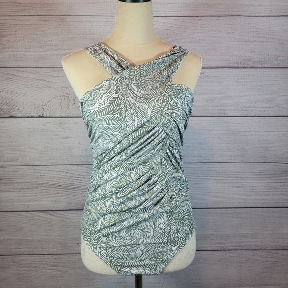 ONE Piece Cross Front Swimsuit Green and White Design Size Small - Picture 1 of 7